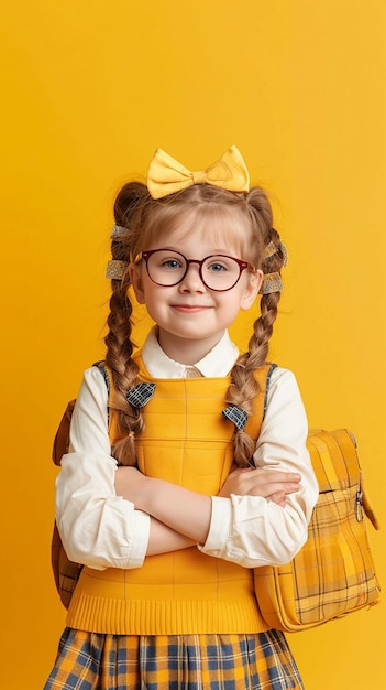 Cheerful and playful schoolgirl in funny pose against yellow background