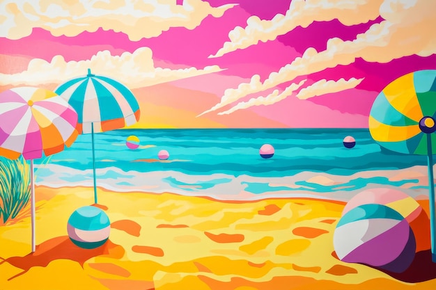 Photo a cheerful pop art beach scene with the sand in bold yellow and the ocean in bright turquoise