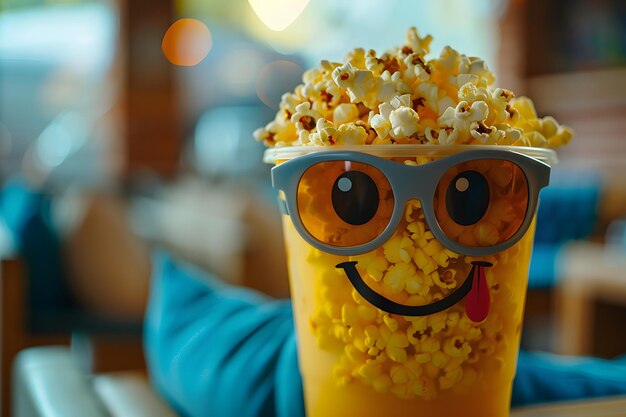 Photo cheerful popcorn cup with sunglasses and a smile