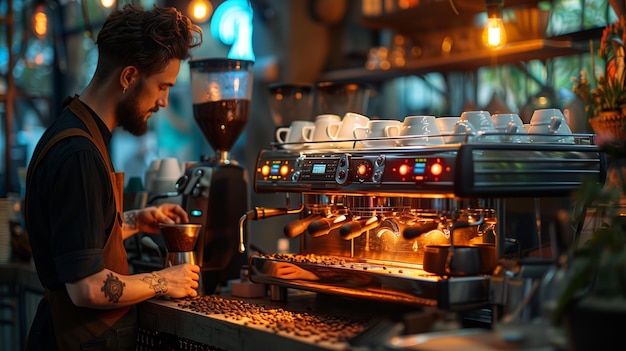 Cheerful professional man barista preparing coffee on counter in cafe near coffeemashine