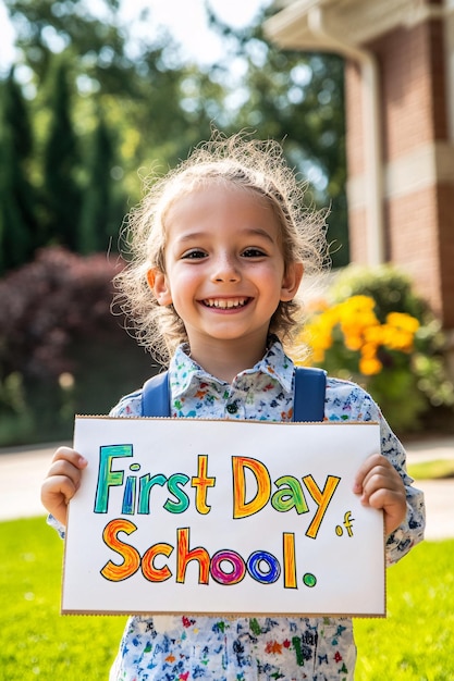 Photo cheerful pupil holding first day of school sign smiling at camera