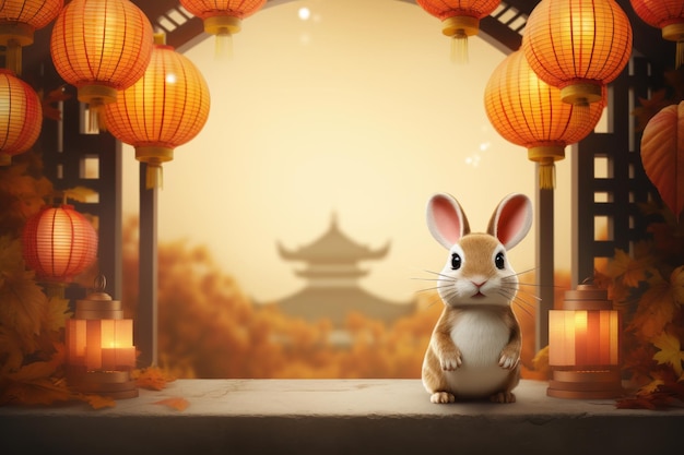 Cheerful Rabbit Celebrating Mid Autumn Happy Mid Autumn Festival Background Generative Ai