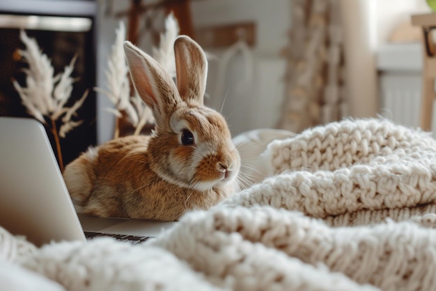 Photo cheerful rabbit with laptop on soft cream background warm animal portrait adding comfort