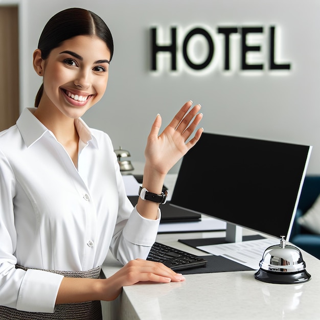 Photo cheerful reception at the hotel front desk