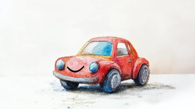 Photo a cheerful red toy car with a smile parked on a textured surface in a brightly lit room