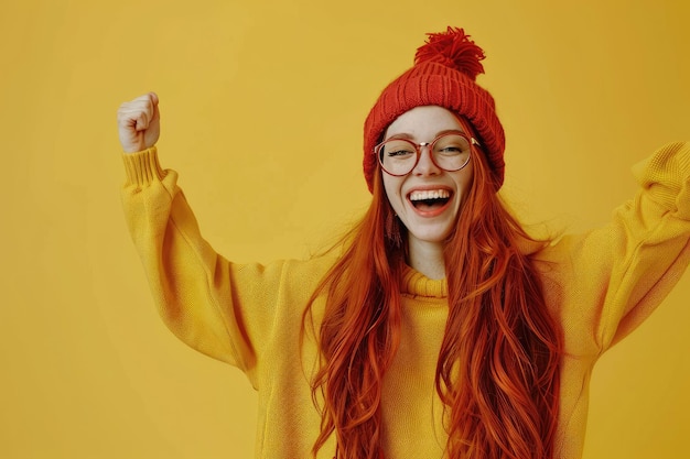 Photo cheerful redhead hipster girl wearing fashionable clothing having fun indoors