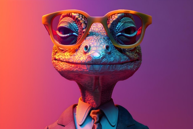 A Cheerful Reptilian Donning Formal Attire Against a Vibrant Backdrop