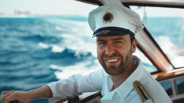 A cheerful sailor in a crisp white uniform and nautical cap smiles broadly while standing on the deck of a ship with the ocean in the background