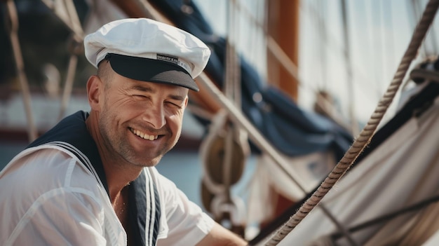 A cheerful sailor in uniform and cap smiling aboard a ship with the ropes and sails in the background under the bright sunlight