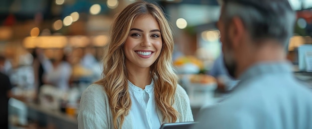 Photo cheerful saleswoman showing design on tablet to a couple