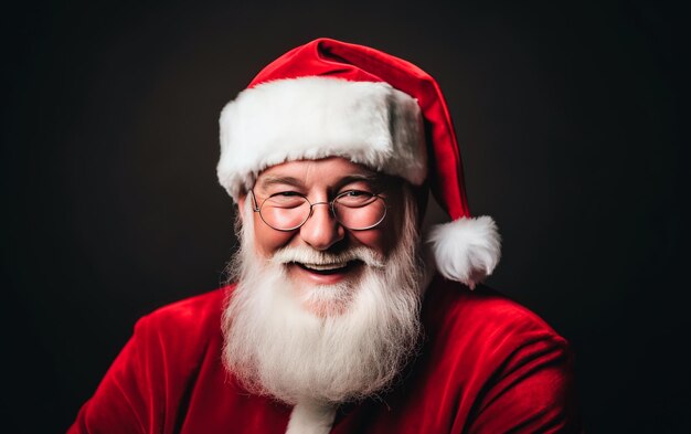 Cheerful Santa Claus portrait over black background Merry Christmas concept