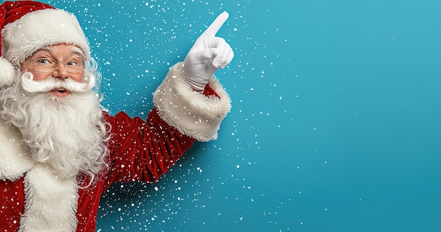 Photo cheerful santa claus in snowy scene with festive promotions