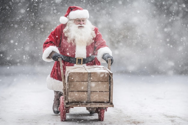 Cheerful Santa Claus transporting a gift bundle on a snow sled to his winter home Generative AI