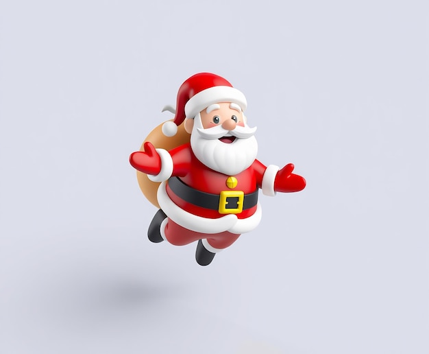 Cheerful Santa Claus with a bag of gifts flying with his arms outstretched