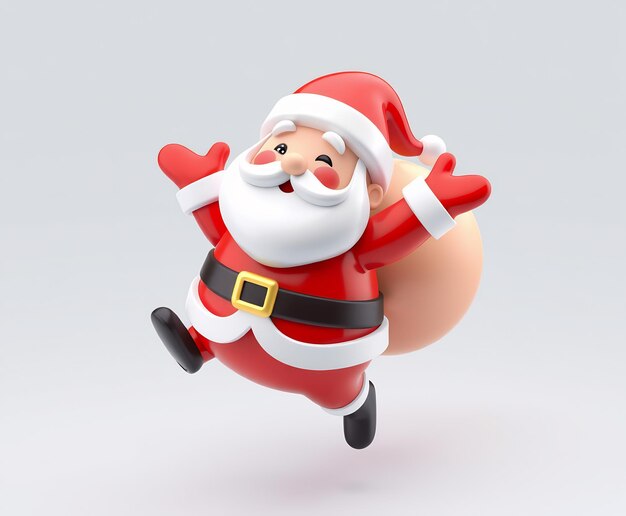 Cheerful Santa Claus with a big sack of gifts jumping and smiling