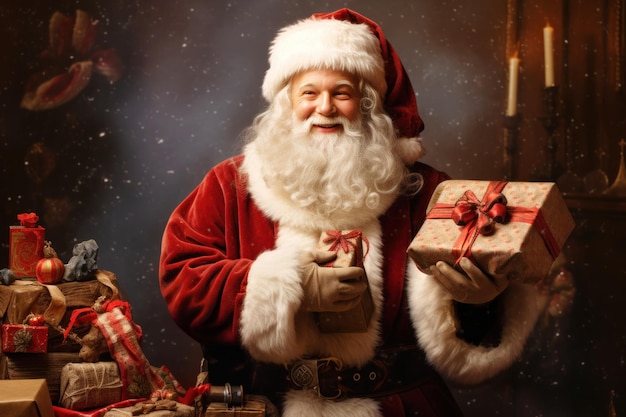 Cheerful santa claus with gift boxes on christmas background