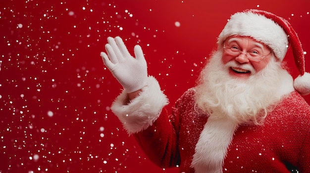 Photo cheerful santa claus with white beard laughing and waving hand on red background