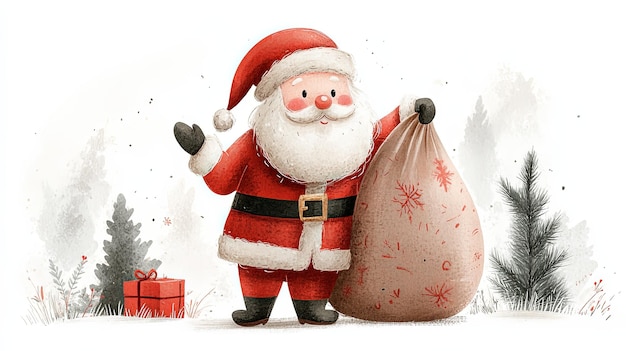 Cheerful Santa Holding a Large Sack Against White Background