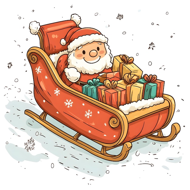 Cheerful Santa s Sleigh with Presents in Colorful Cartoon Style on Clean White Background