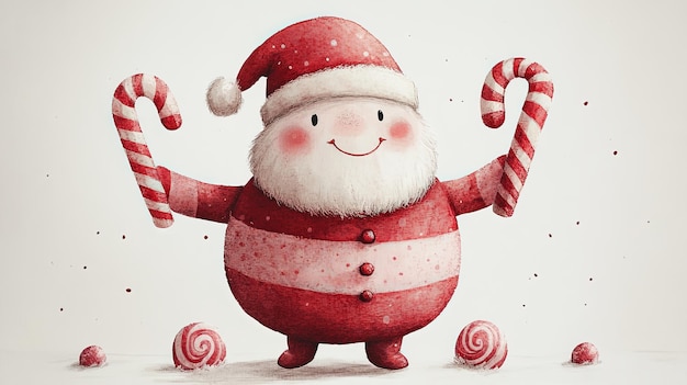 Cheerful Santa with Candy Canes on White Background