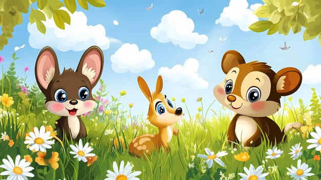 Photo a cheerful scene featuring cute cartoon animals in a vibrant meadow filled with flowers