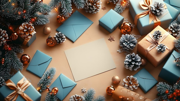 Photo a cheerful scene of a person writing a holiday card surrounded by blue envelopes neatly wrapped gifts with ribbons and colorful christmas decorations on a light brown surface in a bright cartoon