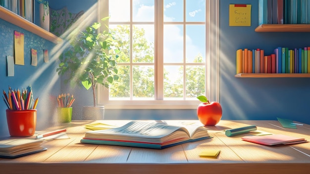 Photo cheerful school desk with books pencils and apple