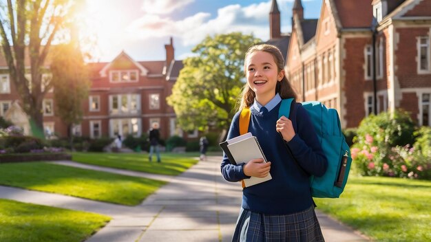 Cheerful schoolgirl carries rucksack notepads and digital tablet looks into distance with happy exp