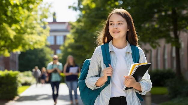 Cheerful schoolgirl carries rucksack notepads and digital tablet looks into distance with happy exp