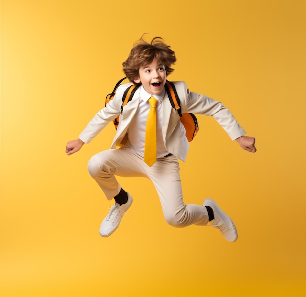 Cheerful schoolkid student with a backpack jumping in the air on a yellow background