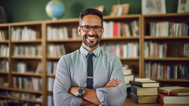 Cheerful schoolteacher carrying books in a classroom in a portrait GENERATE AI