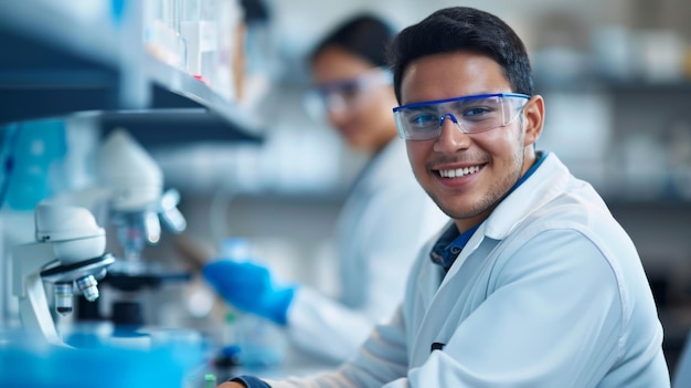 cheerful scientist wearing safety glasses and blue gloves holding a digital tablet