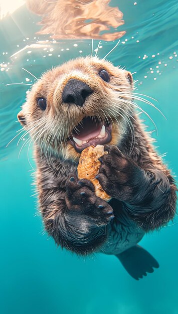 Photo a cheerful sea otter swimming underwater catching a shell in its mouth with a joyful face oversized