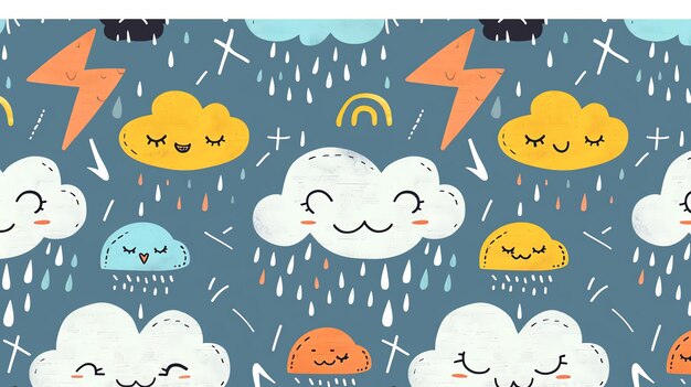 Photo a cheerful seamless pattern with smiling clouds raindrops lightning bolts and rainbows on a blue background