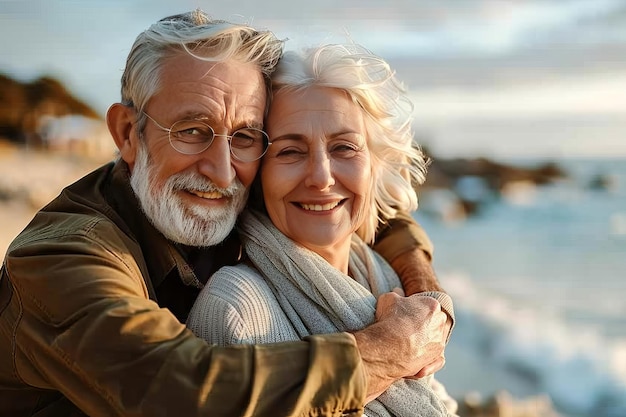 Cheerful senior couple on leisure trip standing out