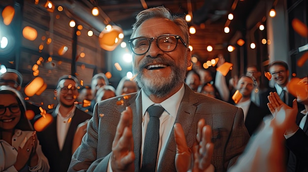 Cheerful senior man applauding with a crowd in an event space with warm lighting