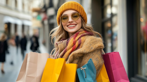 Cheerful shopaholic woman with shopping bags ar 169 v 61 Job ID b83506f86f724accb013ace2f60fc5cd