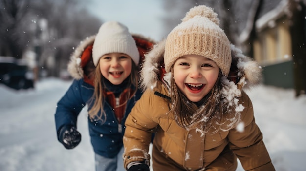 Cheerful siblings having fun in the snow