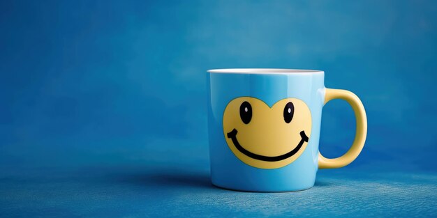 Photo cheerful smiley face mug on vibrant blue background ceramic coffee cup simple design minimalist