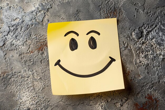 Photo cheerful smiley face on yellow sticky note against concrete background with ample copy space