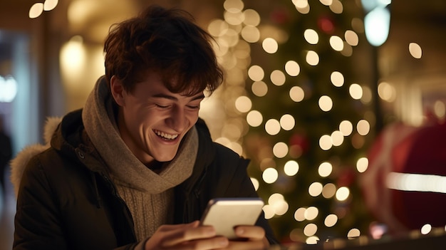 Cheerful smiling caucasian young man browsing internet using smartphone shopping online on Christmas