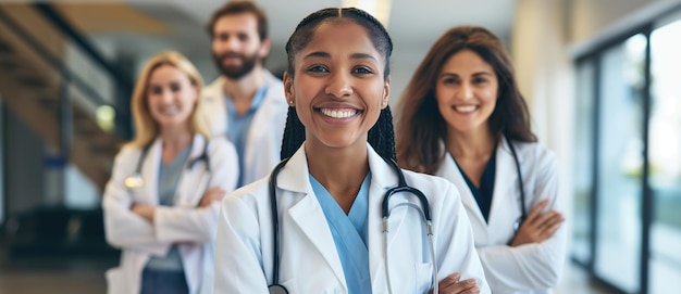 Cheerful smiling diverse latino caucasian and african american doctors in white gowns stethoscope