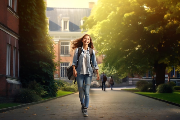 Cheerful smiling girl with big backpack walking and having fun against street Happy young shoolgirl looking at camera School concept Back to school Joyful female student excited in the schoolyard