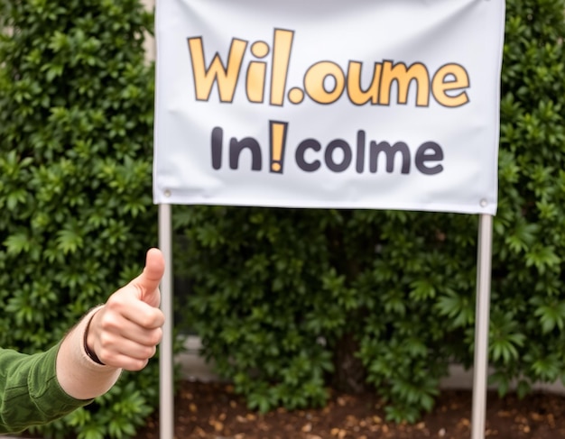 Photo cheerful smiling guy introduce banner pointing hand left