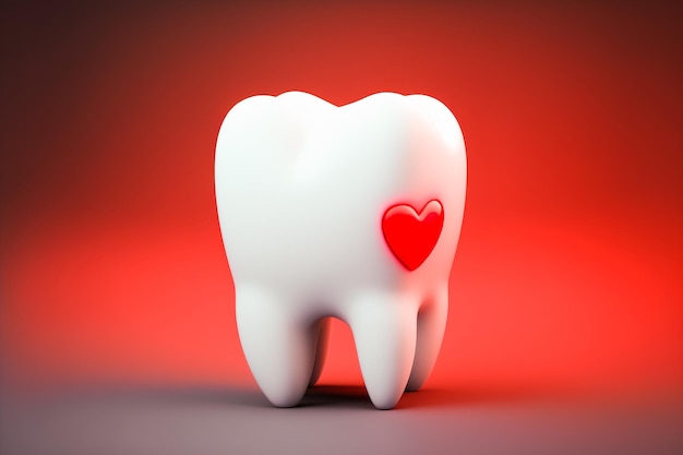 Cheerful smiling tooth with a red heart after visiting the dentist