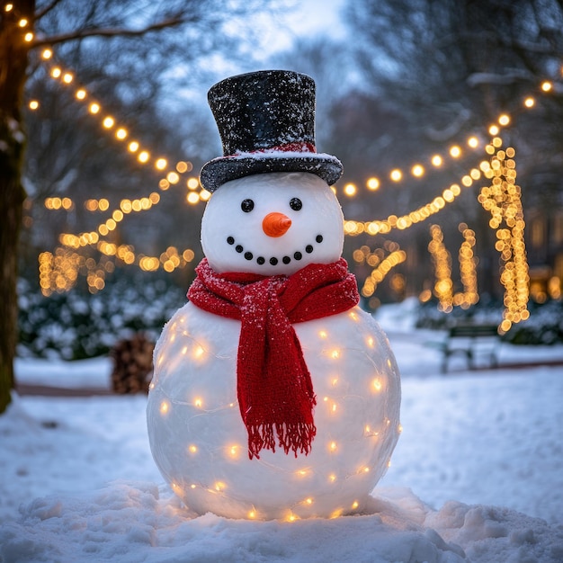 Photo a cheerful snowman adorned with lights and a scarf in a winter setting