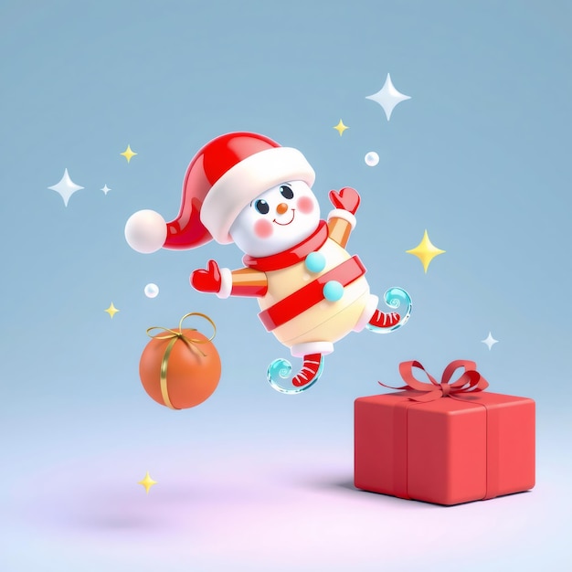 A cheerful snowman in a Santa hat jumps over a gift with a red bow