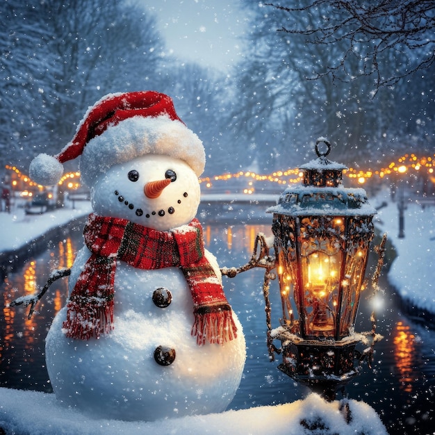 A cheerful snowman in a snowy landscape with a lantern creating a festive winter scene