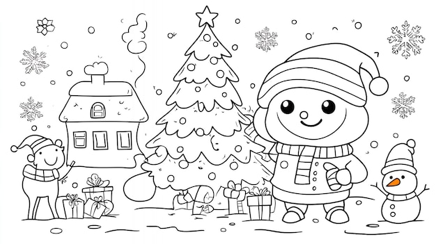 Photo a cheerful snowman standing next to a christmas tree house and reindeer in a snowy landscape