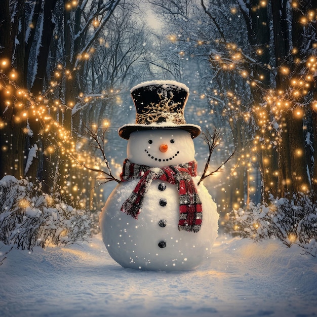 A cheerful snowman stands in a snowy forest adorned with lights and a festive atmosphere